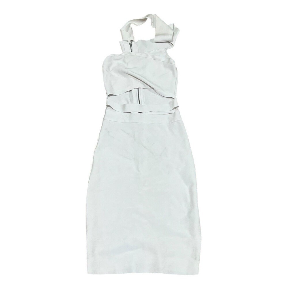 bebe Dress Womens XS White One Shoulder Bodycon Midi Cutout Back Zip